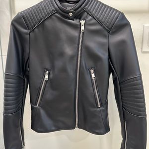 Zara Black Leather Motorcycle Jacket with Quilted Shoulders